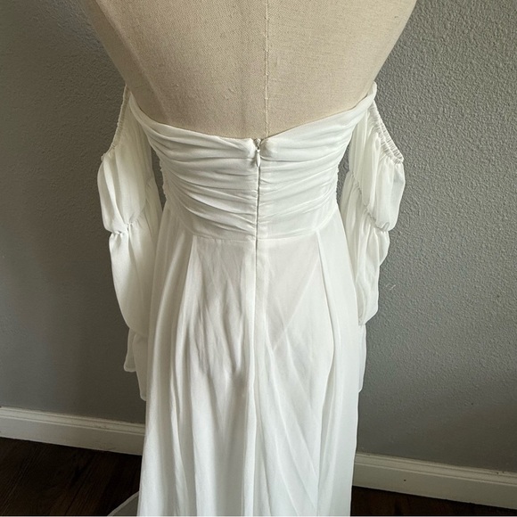 White Off Shoulder Flounce Sleeve Ruched Chiffon Maxi Dress Size Small - Picture 7 of 9